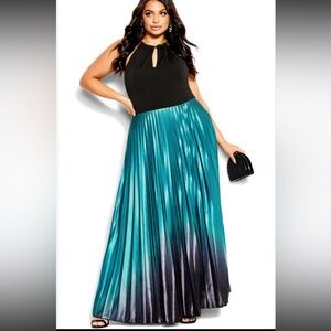 Elegant Teal and Black Pleated Maxi Skirt Dress- Size 1X
